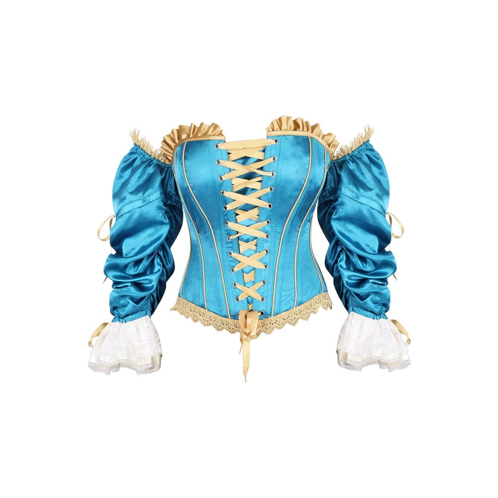 Attitude Corsets - Tamryn Rococo Satin Vollbrust Korsett - Blau/Goldfarben